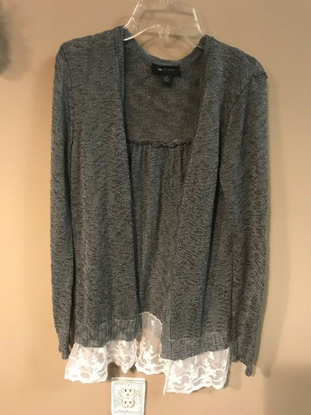 AB Studio open front gray cardigan sweater white lace trim edging small